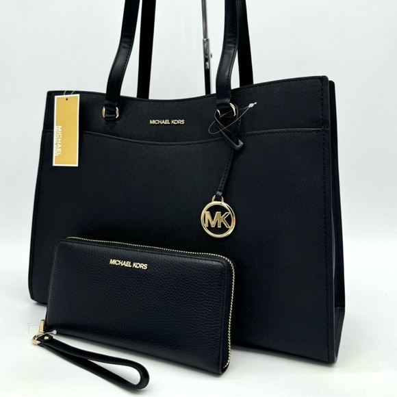 Michael Kors Large MF Pocket Shoulder Tote Bag & Continental Wallet Black/Gold - Picture 2 of 15